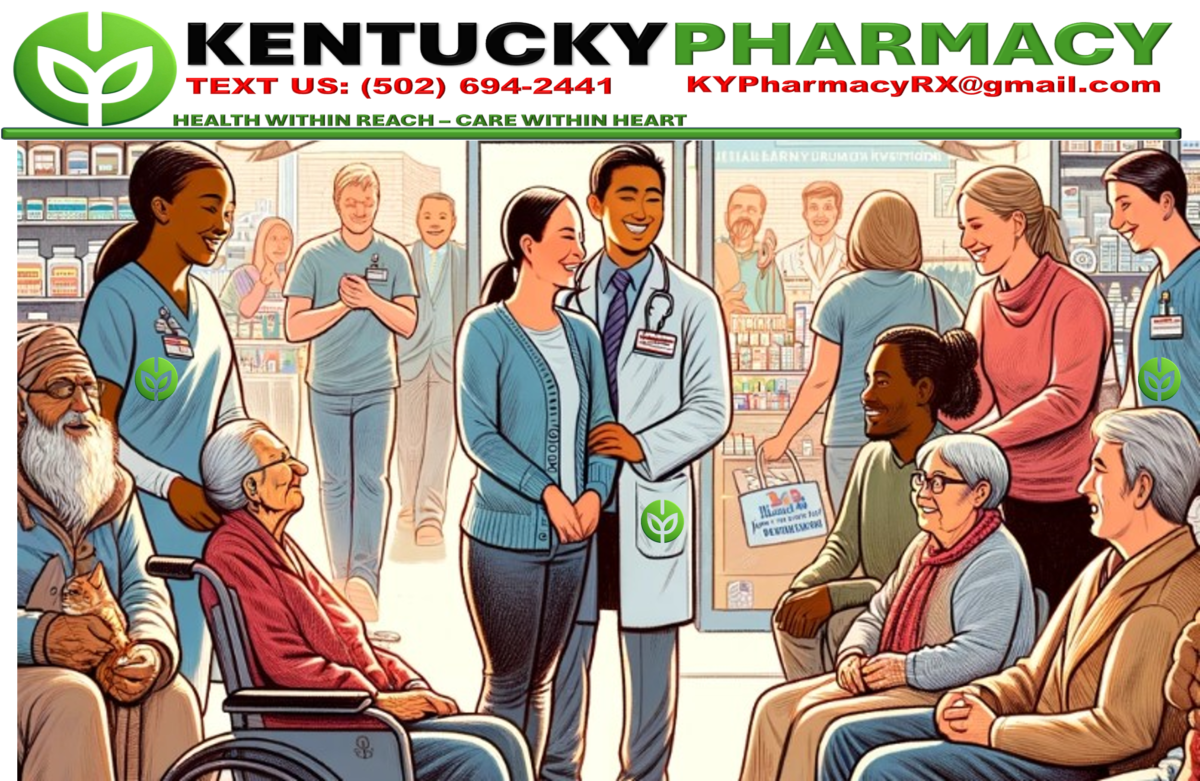 Kentucky Pharmacy - a warm and welcoming pharmacy environment in Louisville, KY, with diverse people including the elderly, disabled, and immigrants, and compassionate pharmacy staff interacting with them
